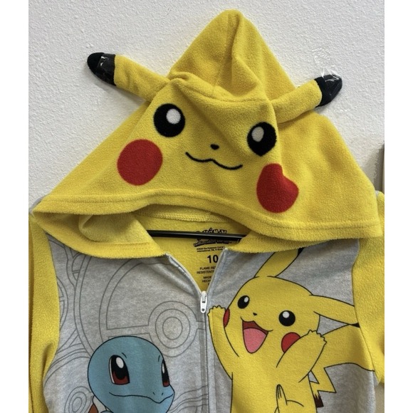 Pokemon Pikachu Hooded One Piece Pajamas Size 10 Kids Boys Girls Fleece Zip Up - Picture 2 of 2